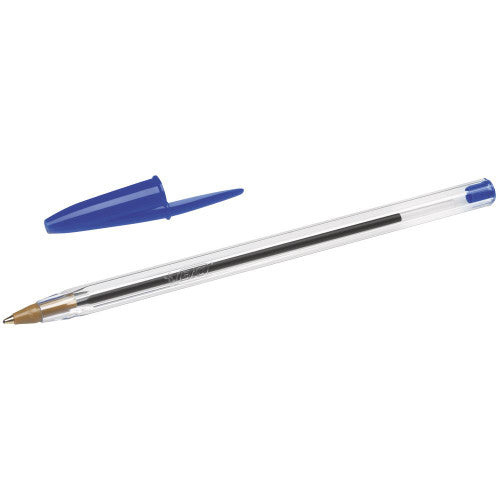 Close-up of BIC Cristal blue ink ballpoint pen tip showing 1.0mm medium point