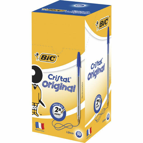 BIC Cristal medium blue ballpoint pens, box of 50, clear hexagonal barrel