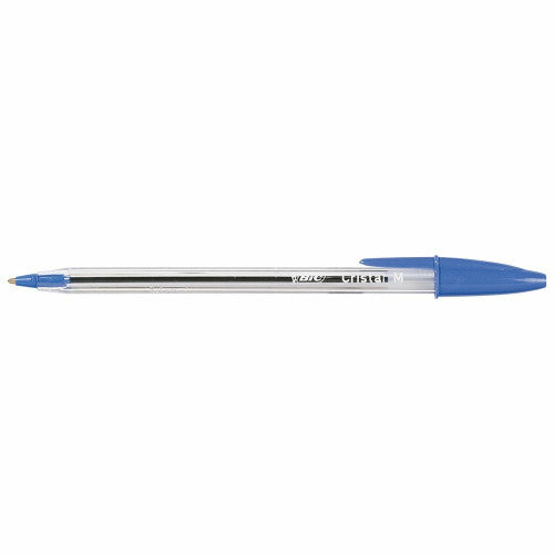 Box of 50 BIC Cristal blue ballpoint pens opened to show pen arrangement