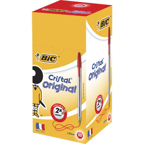 BIC Cristal medium red ballpoint pens box of 50 shown together on a white background