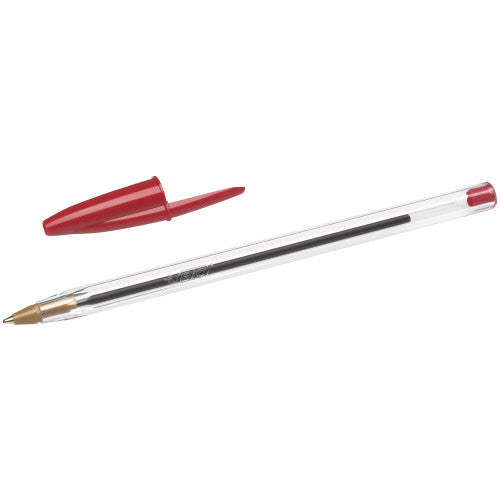 BIC Cristal red pens in retail box packaging, front view showing quantity and branding