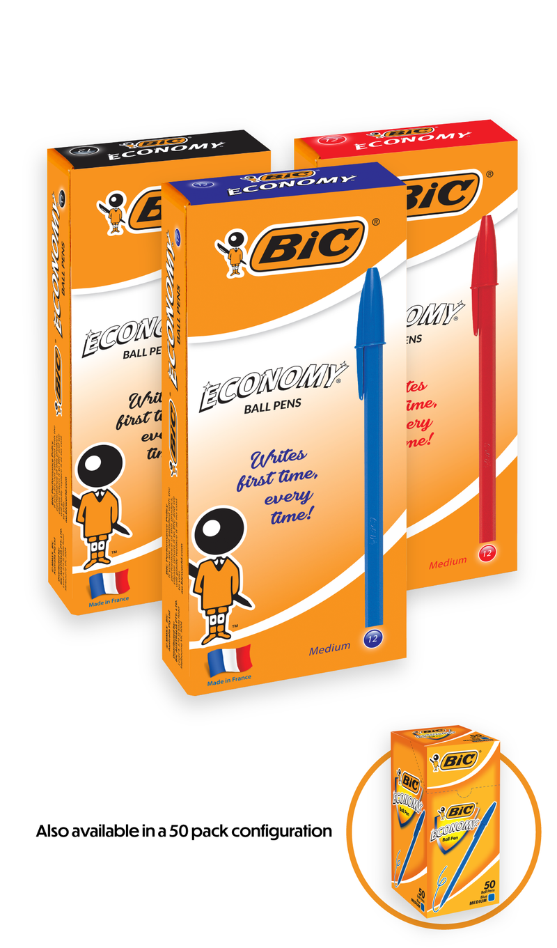 BIC Economy ballpoint pen boxes in black, blue and red with matching pens, plus an inset of the 50 pack box, from BIC Australia