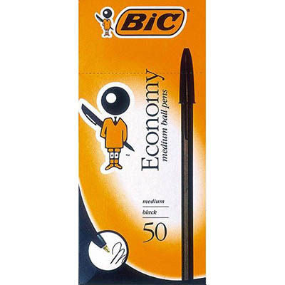 BIC Economy medium ballpoint pens in black ink, box of 50, with colour-matched caps and barrels