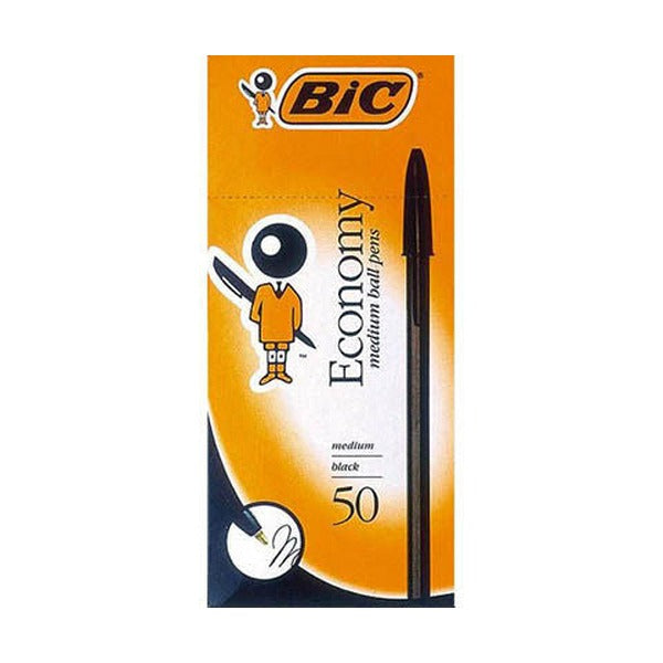 BIC Economy medium ballpoint pens in black ink, box of 50, with colour-matched caps and barrels