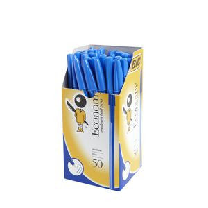 BIC Economy ballpoint pen with blue ink and medium point tip, shown as part of a box of 50
