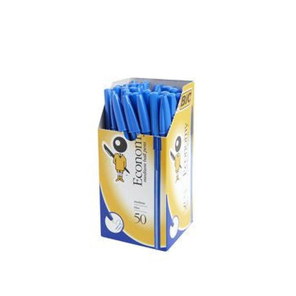 BIC Economy ballpoint pen with blue ink and medium point tip, shown as part of a box of 50