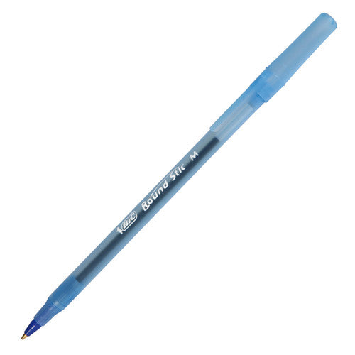 BIC Round Stic 1.0mm medium ballpoint pen in blue, shown as a box of 12 pens with ventilated cap