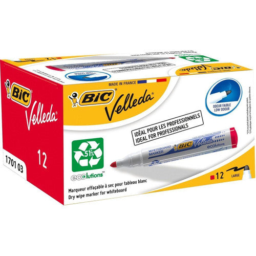 BIC Velleda 1701 red bullet tip whiteboard marker with cap on, showing 1.5mm acrylic tip