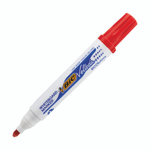 Box of 12 BIC Velleda 1701 red whiteboard markers arranged together