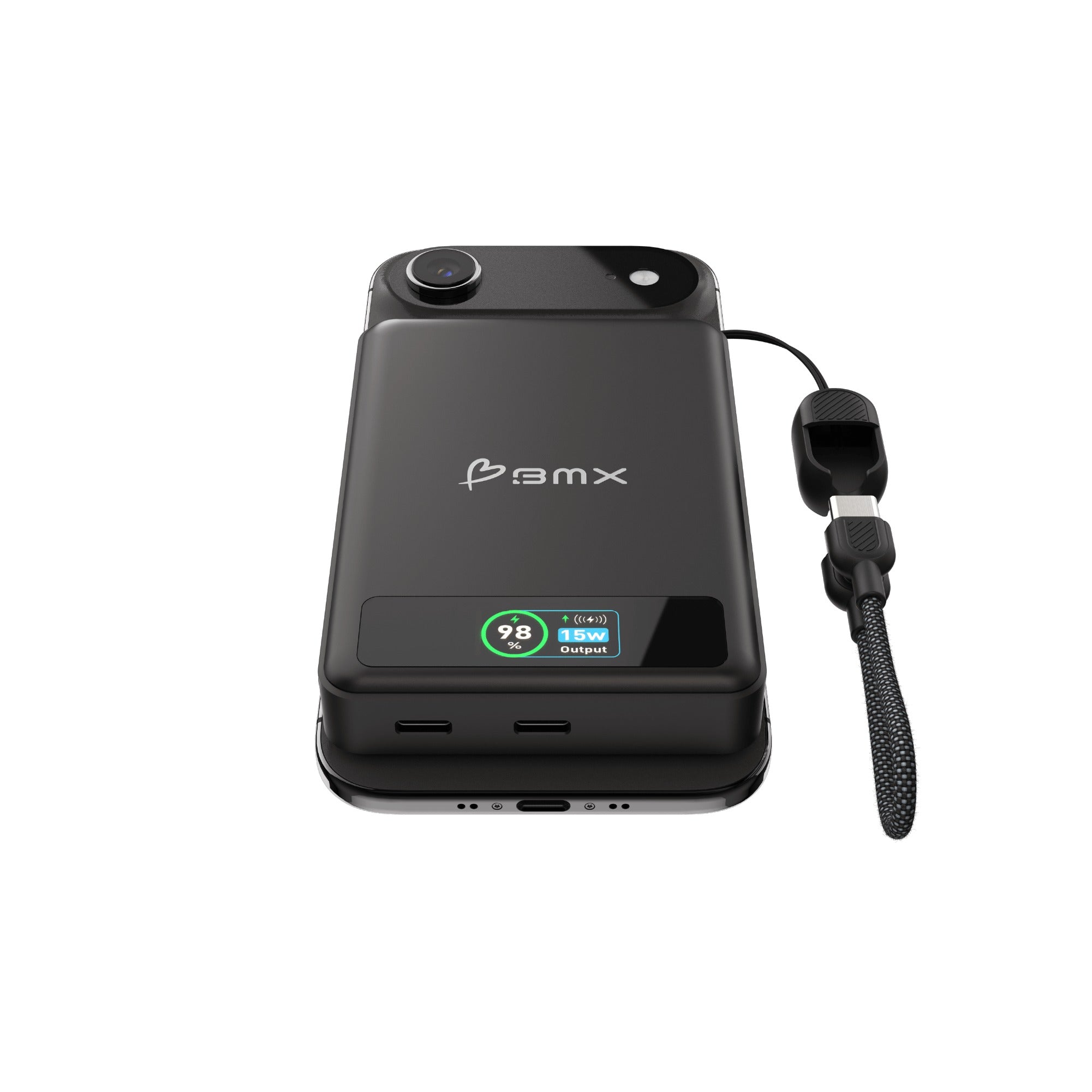 Overhead angled view of the black BMX power bank resting on a smartphone, showing the two USB-C ports along its lower edge, the phone charging port beneath and a braided lanyard tipped with a USB-C plug to the right.