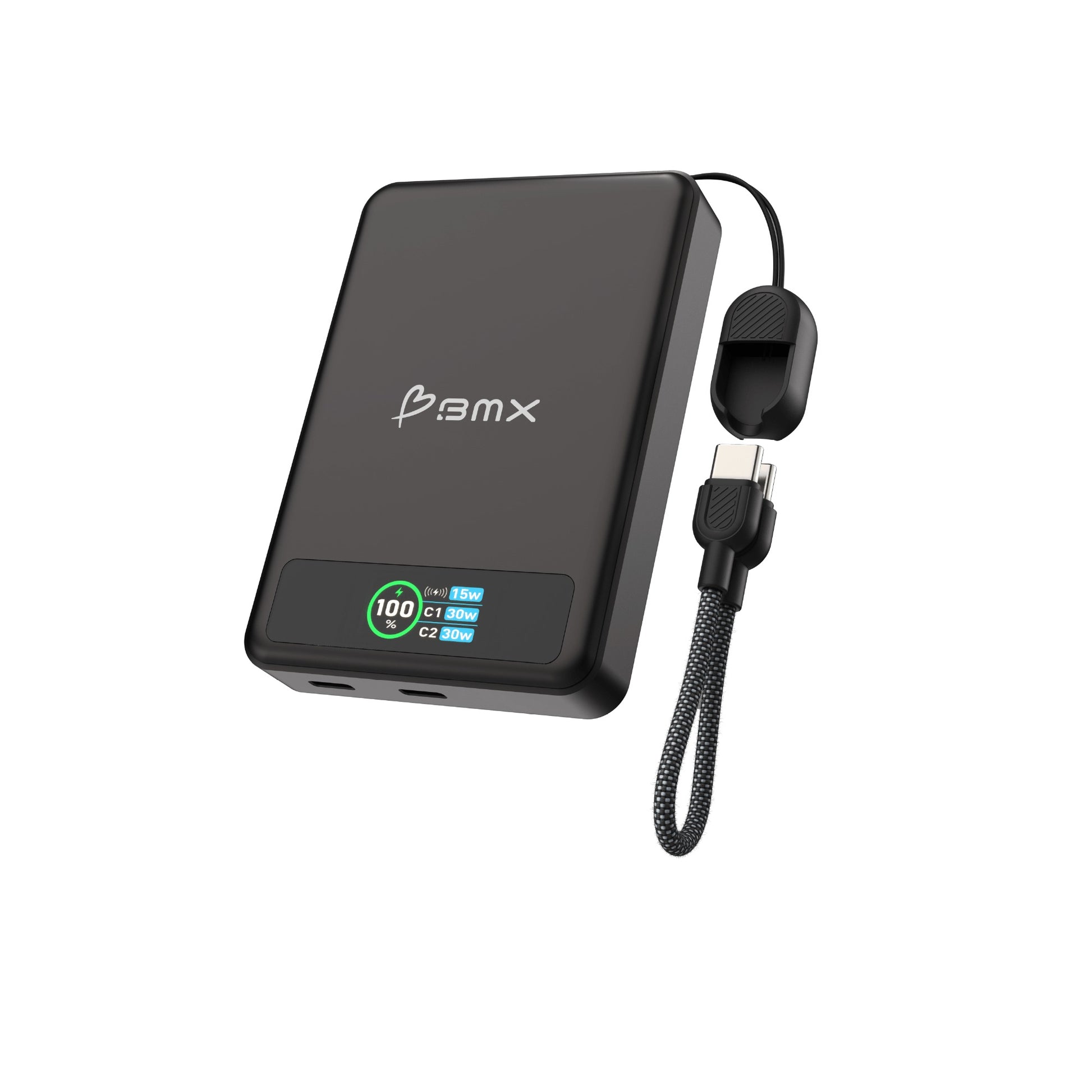 Angled product view of the black BMX power bank on a white background, showing two USB-C ports on the bottom edge, a colour display reading 100 per cent with 15w, C1 30w and C2 30w, and a separate braided USB-C lanyard.