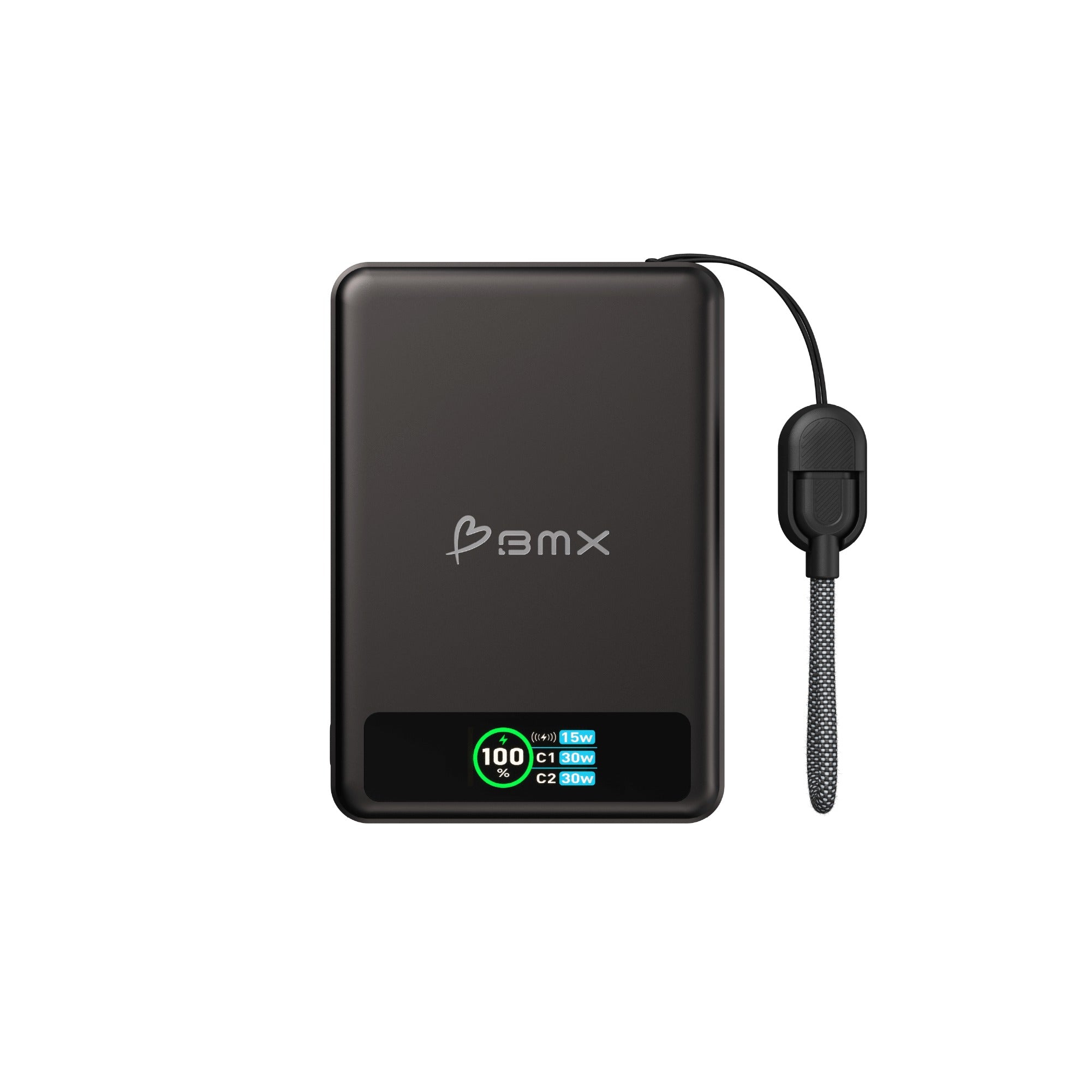 Black BMX magnetic power bank shown flat and front on against a white background, with the BMX logo above a colour display reading 100 per cent, 15w wireless, C1 30w and C2 30w, and a grey braided lanyard cable attached at the right.
