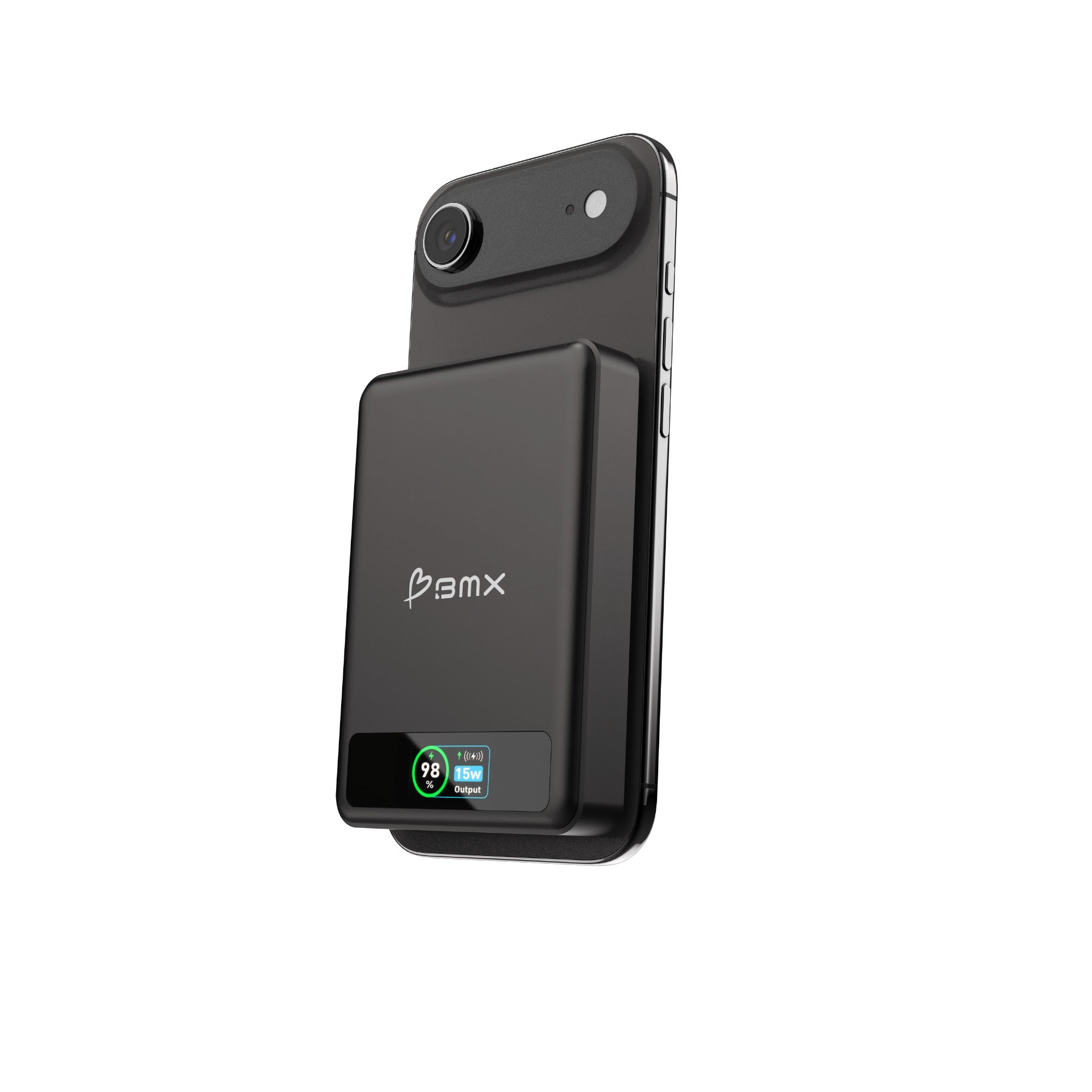 Upright three quarter view of a black BMX power bank attached magnetically to the rear of a dark smartphone, with the phone camera lens visible above and the power bank display reading 98 per cent and 15w output.