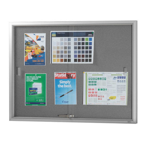 Visionchart BN-SGC-1590SL Be Noticed Sliding Door Notice Case Silver 2 Door Grey Fabric 1525 x 915mm