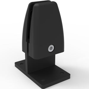 Rapidline back to back EPS screen clamp in black powder coat, a rounded clamp body with a hex screw set on an upright stem and a drilled base plate.