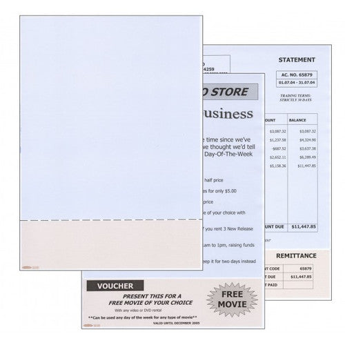 Close-up of Bala A4 perforated stock form showing 210x237mm body and 210x59mm detachable slip sections