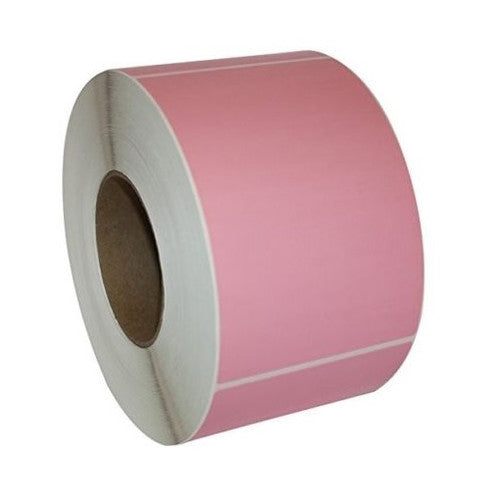 Close-up of pink 99 x 63mm direct thermal label with permanent adhesive