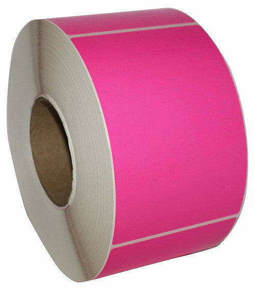 Close-up of pink perforated thermal labels showing 85 x 80mm dimensions
