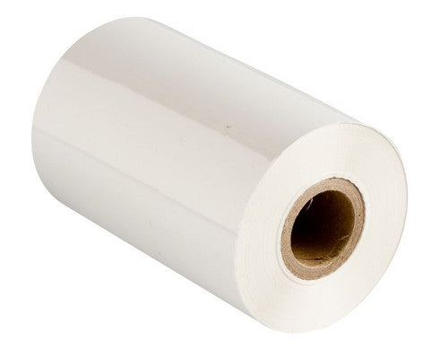 Close-up of the white Bala Eco Wax Resin Ribbon showing the 1-inch core and coated-side-out construction