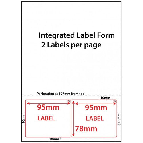 Close-up of a single 95 x 78mm Bala integrated label peeled from an A4 sheet