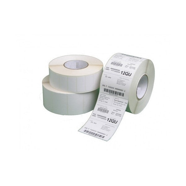 White thermal labels applied as barcode stickers to product packaging in a warehouse setting