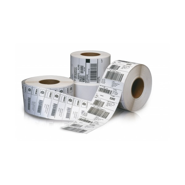 Side profile of Bala 75x33mm label roll showing wound-out orientation and 25mm core