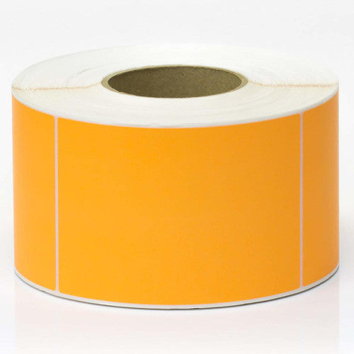 Close-up of perforated fluoro orange thermal transfer labels showing 90x30mm size