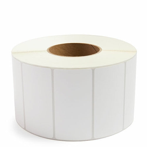 Close-up of 102x74mm white thermal transfer label with permanent adhesive