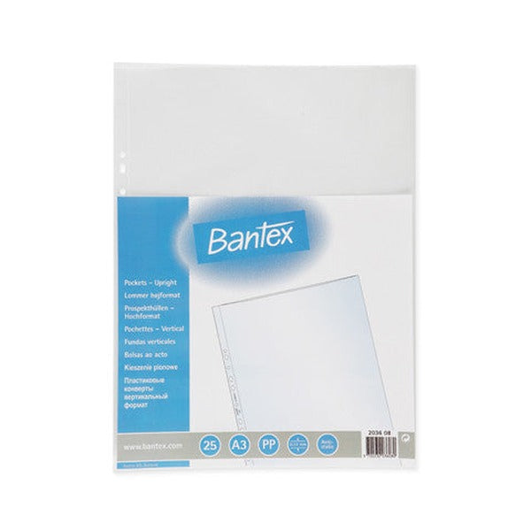 Close-up of the reinforced binding edge and multi-punch holes on a Bantex A3 frosted sheet protector