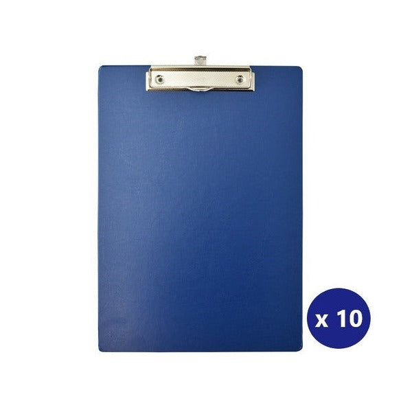 Bantex A4 standard PVC clipboard in blue with metal clip and hanging hook, front view