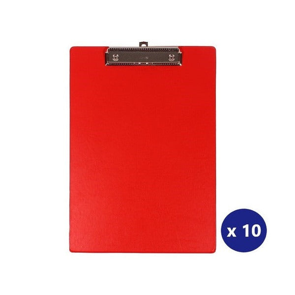 Bantex A4 standard PVC clipboard in red showing spring clip and rigid backing board, box of 10