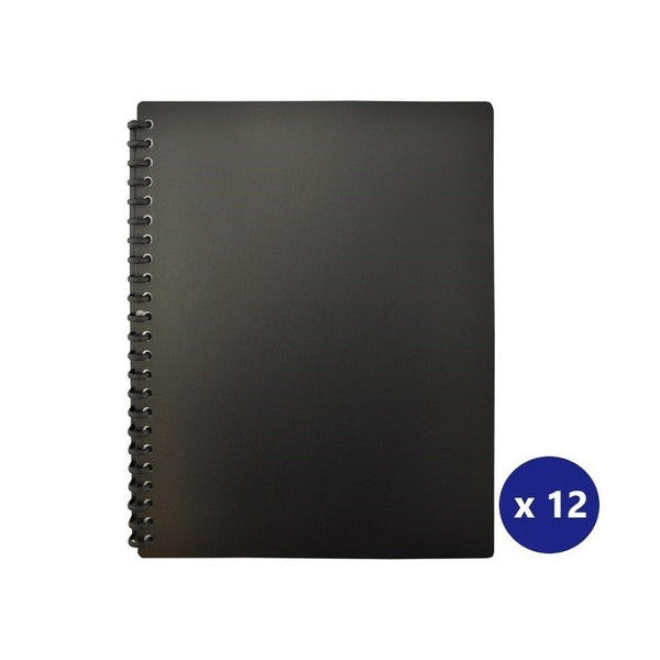 Bantex A4 euro matte black display book open showing 20 clear refillable pockets for A4 documents
