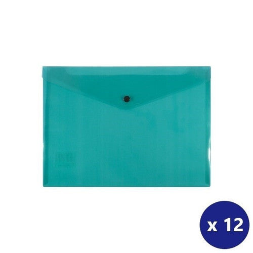 Bantex A4 green polypropylene document wallet with button closure, front view showing full wallet face and fastening