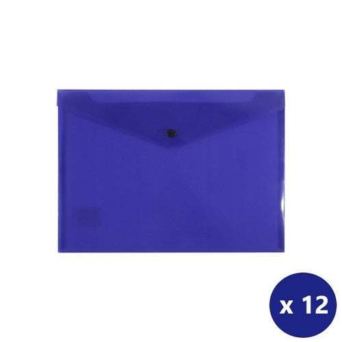 Bantex A4 purple polypropylene document wallet with button closure, front view showing full wallet dimensions