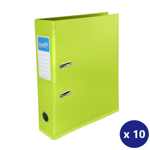 Bantex Fruits series A4 lever arch file in lime green PVC cover, showing spine label pocket and lever arch mechanism