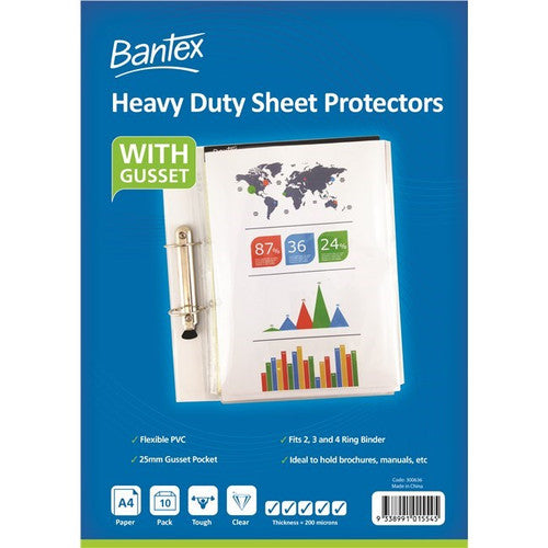 Bantex A4 heavy duty clear PVC sheet protectors with gusset 200 micron pack of 10 standing upright showing expanded gusset pocket