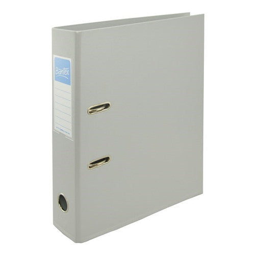 Bantex A4 70mm grey lever arch file showing front cover, spine label and lever arch mechanism