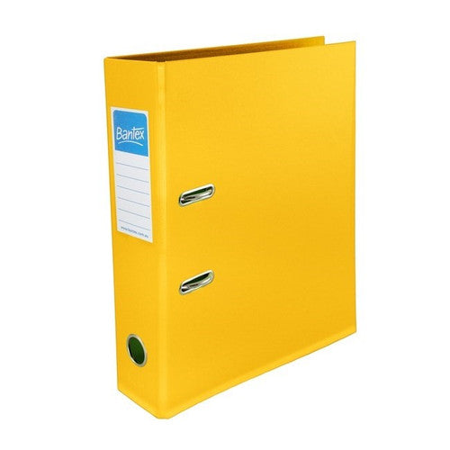Bantex A4 70mm yellow lever arch file standing upright showing PVC cover, spine label, and lever arch mechanism