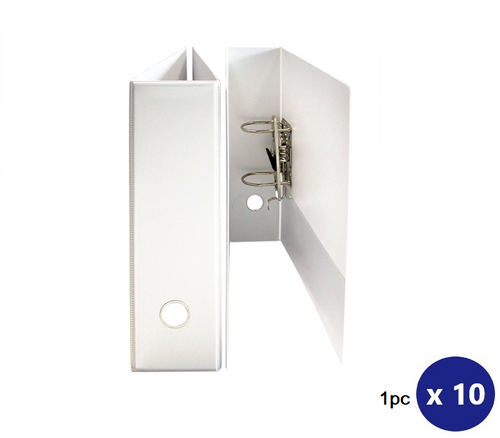 Bantex A4 white lever arch insert binder with finger hole on spine, showing clear front overlay panel and lever arch mechanism