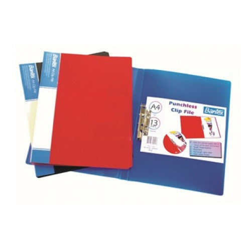 Bantex A4 Punchless Clip File in red with lever clamp mechanism and insertable spine pocket, front view on white background