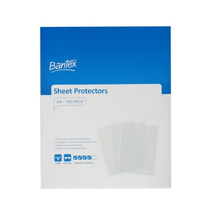 Bantex A4 clear embossed tough PP sheet protectors 90 micron pack of 100 fanned out showing multi-punched edge
