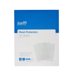 Bantex A4 clear ultra-tough 70 micron polypropylene sheet protectors pack of 100, fanned out showing multi-punched binding edge