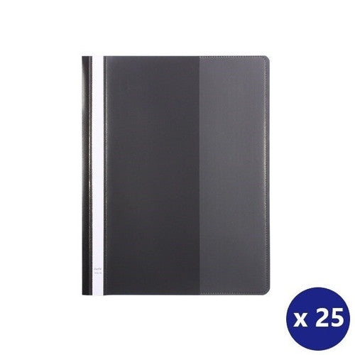 Bantex A4 Standard Managers File in black showing clear front cover, coloured spine and back cover with interior back pocket