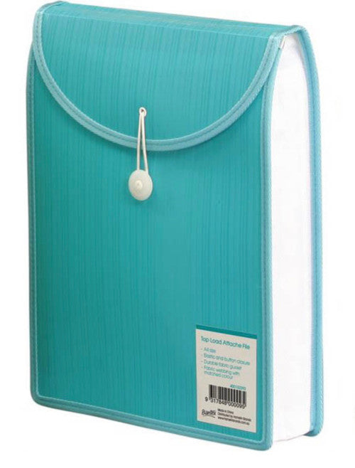 Bantex A4 top load attache file in aqua polypropylene with elastic and button closure, shown closed against a white background