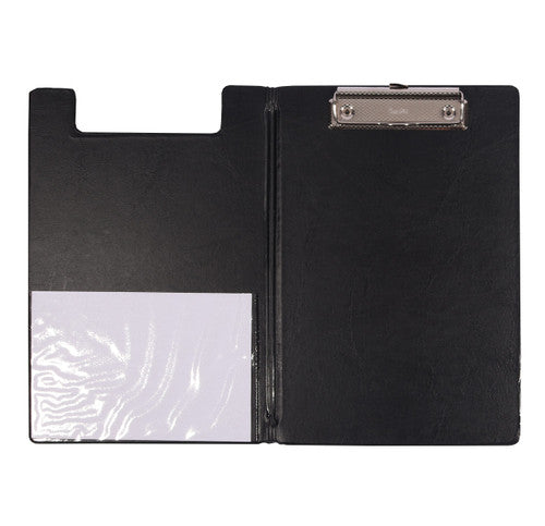 Bantex A5 black PVC clipfolder closed, front view showing spring clip and retractable hanging hook