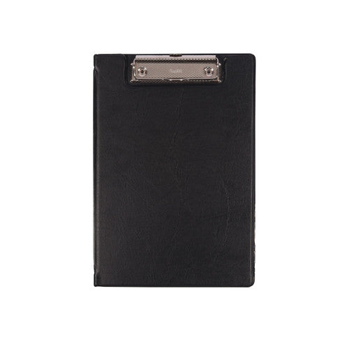 Bantex A5 black PVC clipfolder open showing clear inside pocket and spring clip mechanism
