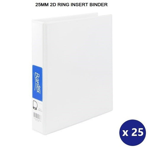 Bantex A5 insert binder with 25mm 2D ring in white, showing clear overlay on front cover and spine