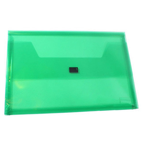Bantex foolscap translucent green polypropylene document wallet with hook and loop closure, shown closed and upright