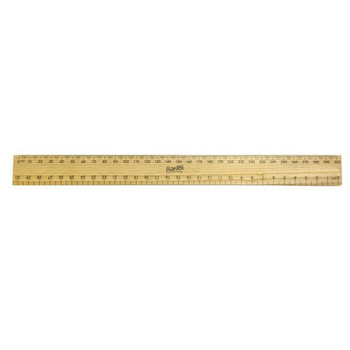 Bantex 30cm polished wooden ruler with metric graduations on a white background