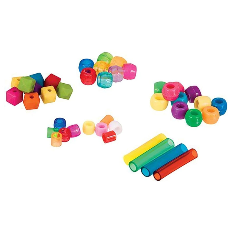 Assorted colourful plastic beads in geometric, round, transparent, and tubular styles arranged on a white background for creative jewellery and craft projects.